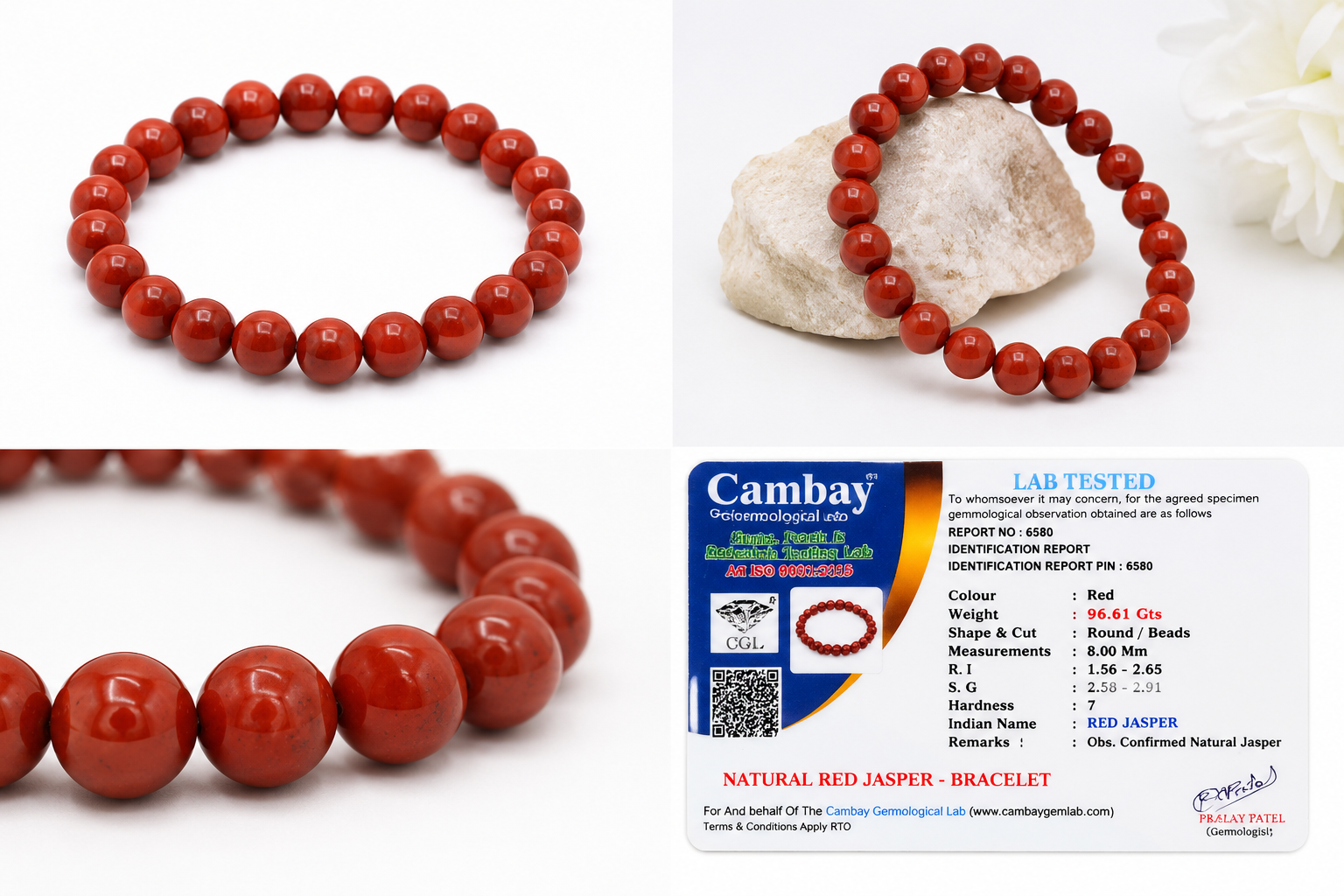 Natural Red Jasper Bracelet 8mm | Certified Genuine Red Jasper Gemstone Stretch Bracelet | Unisex Crystal Healing Bracelet for Men & Women