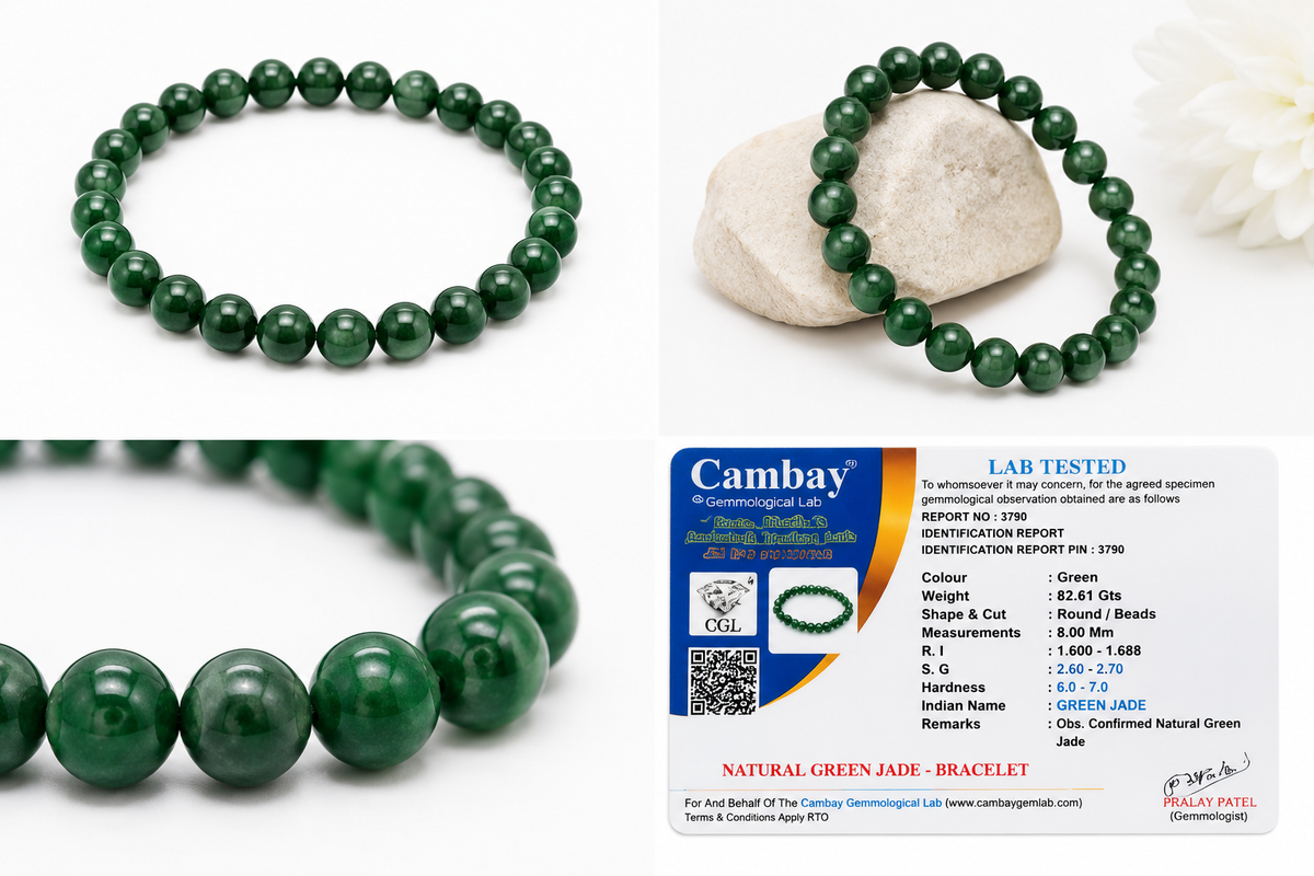 Natural Green Jade Bracelet 8mm | Certified Genuine Green Jade Gemstone Stretch Bracelet | Unisex Beaded Crystal Bracelet for Men & Women