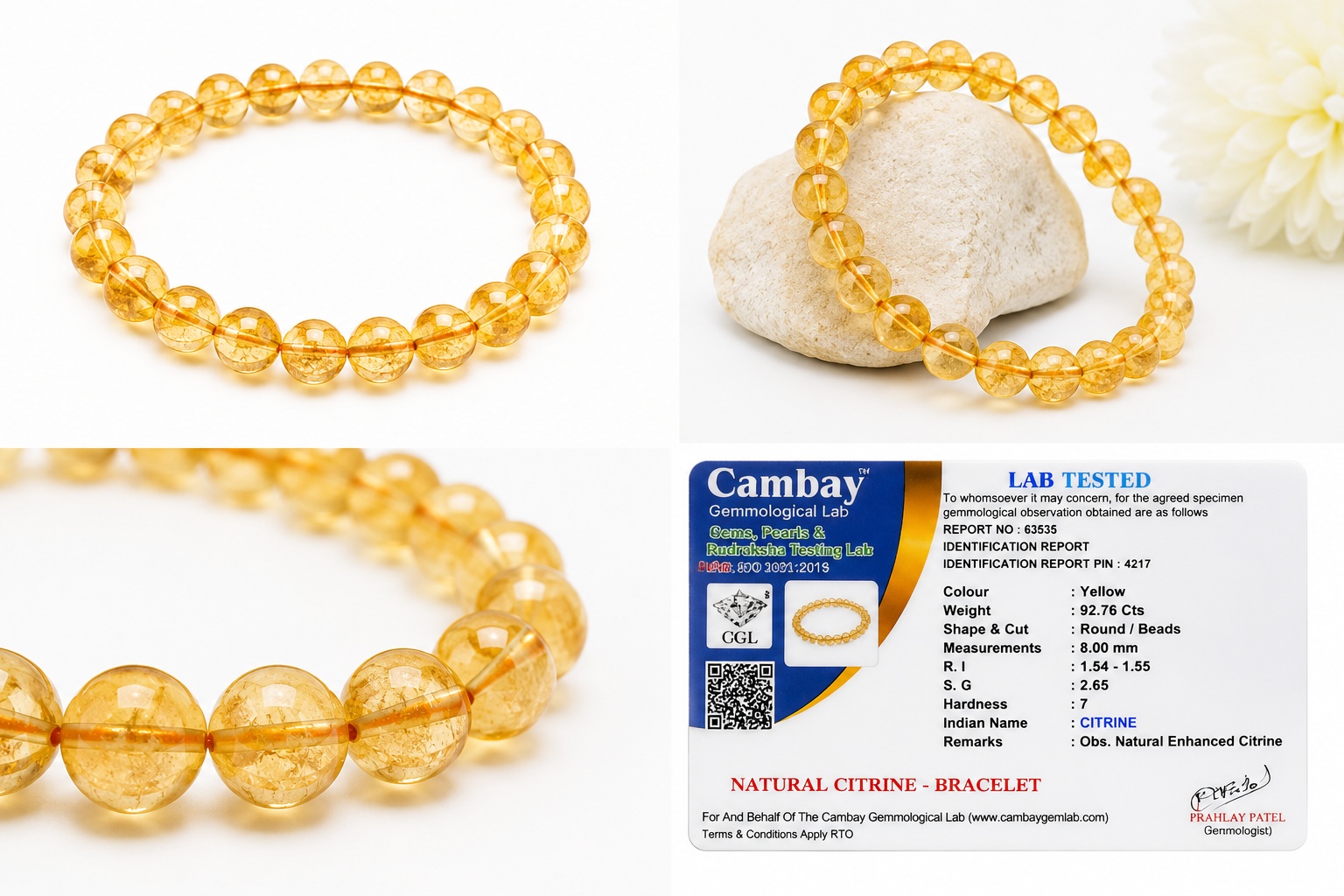 Natural Citrine Bracelet 8mm | Certified Genuine Citrine Gemstone Stretch Bracelet | Unisex Yellow Crystal Beaded Bracelet for Men & Women