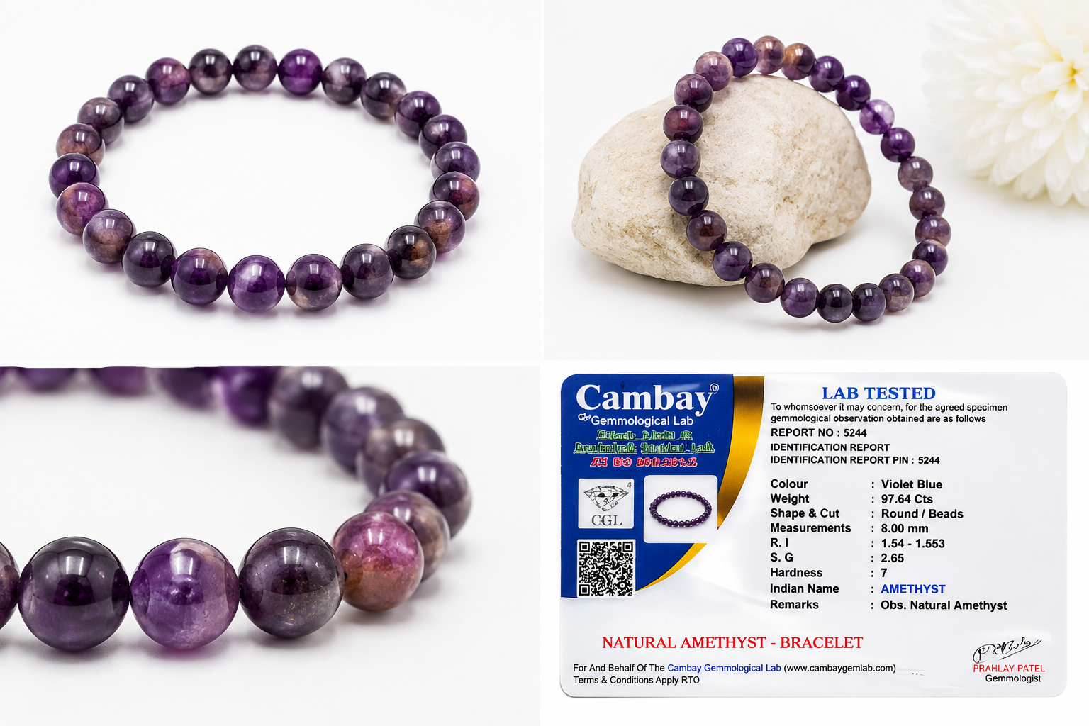Natural Amethyst Bracelet 8mm | Certified Genuine Amethyst Gemstone Stretch Bracelet | Unisex Purple Crystal Beaded Bracelet for Men & Women