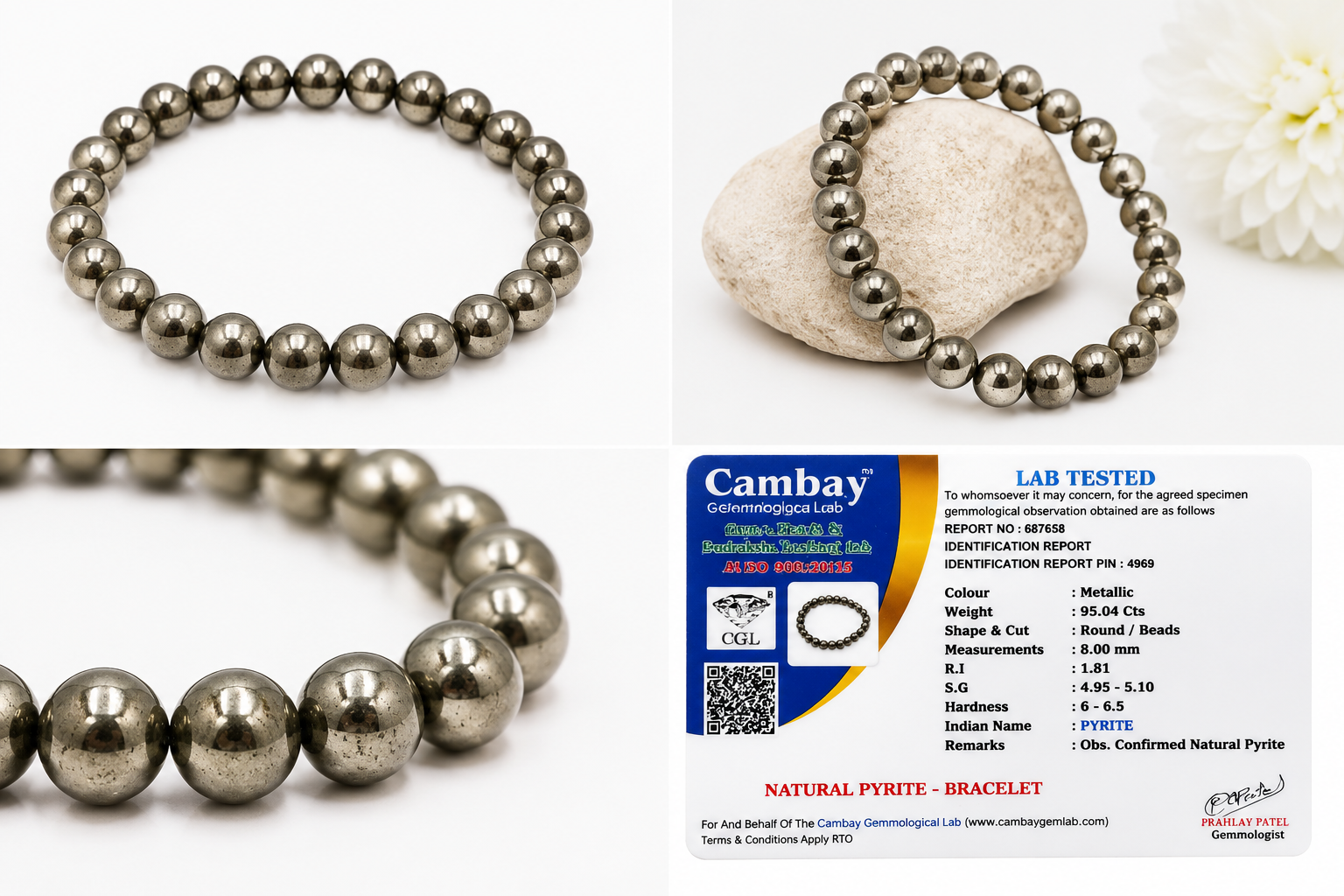 Natural Pyrite Bracelet 8mm | Certified Genuine Pyrite Gemstone Stretch Bracelet | Unisex Metallic Stone Beaded Bracelet for Men & Women