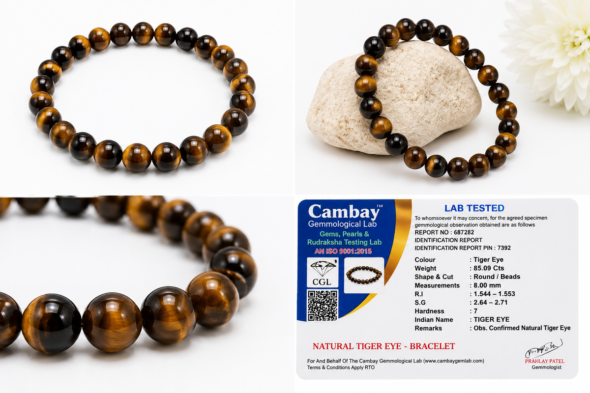 Natural Tiger Eye Bracelet 8mm | Certified Genuine Tiger Eye Gemstone Stretch Bracelet | Unisex Brown Beaded Crystal Bracelet for Men & Women