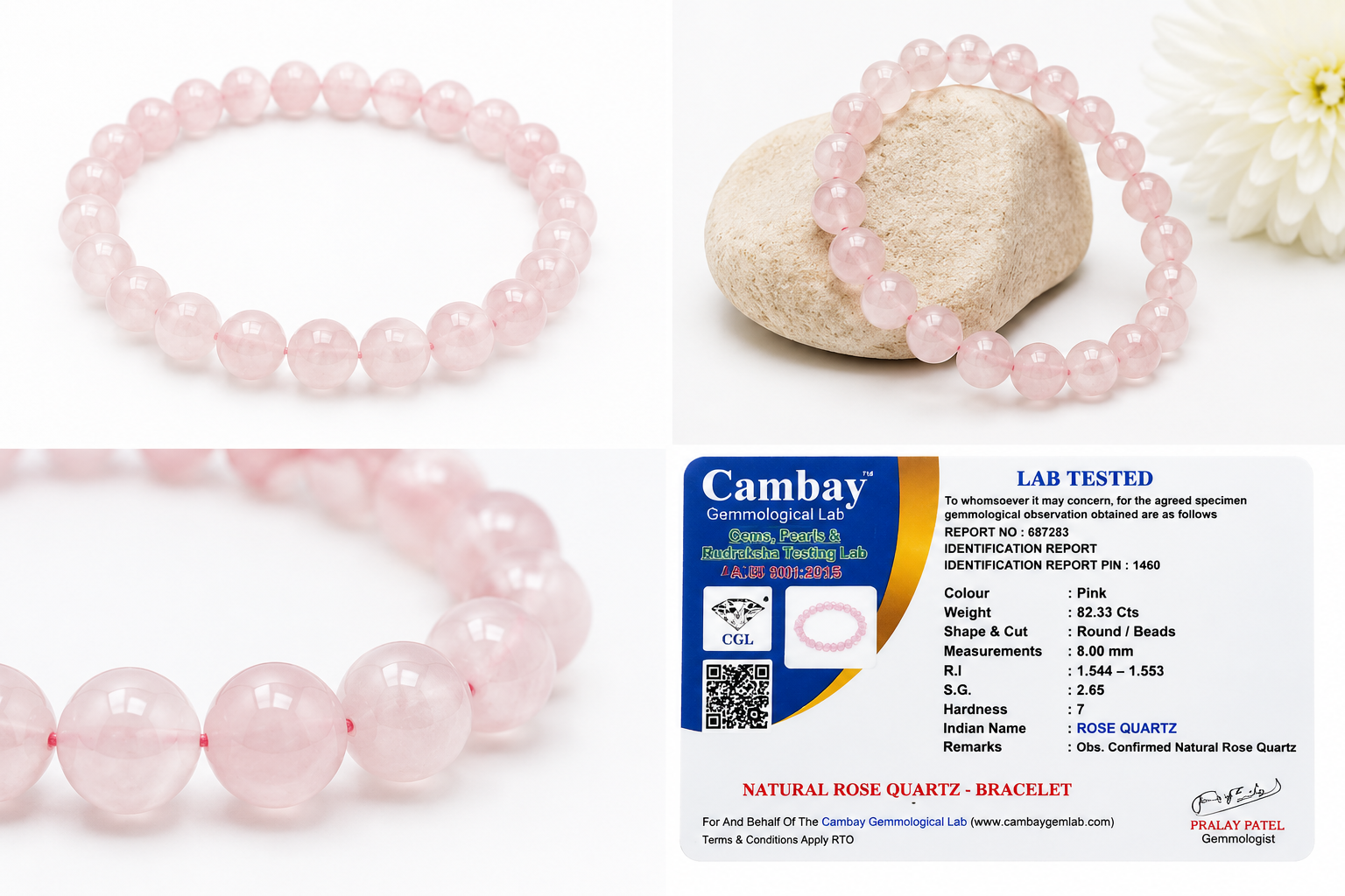 Natural Rose Quartz Bracelet 8mm | Certified Genuine Rose Quartz Gemstone Stretch Bracelet | Unisex Pink Crystal Beaded Bracelet for Men & Women