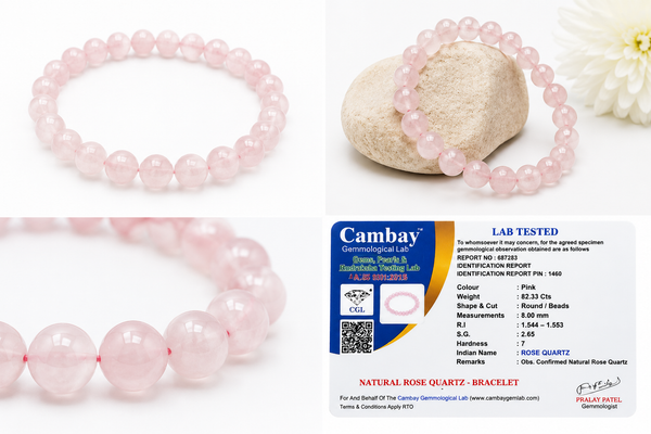 Natural Rose Quartz Bracelet 8mm | Certified Genuine Rose Quartz Gemstone Stretch Bracelet | Unisex Pink Crystal Beaded Bracelet for Men & Women