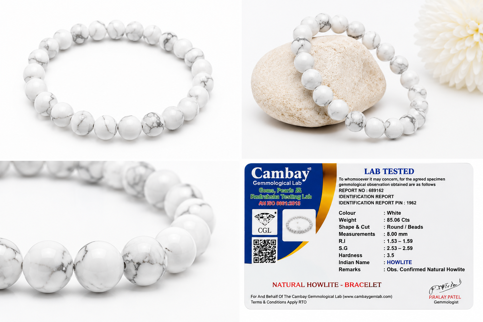 Natural Howlite Bracelet 8mm | Certified Genuine Howlite Gemstone Stretch Bracelet | Unisex White Beaded Crystal Bracelet for Men & Women