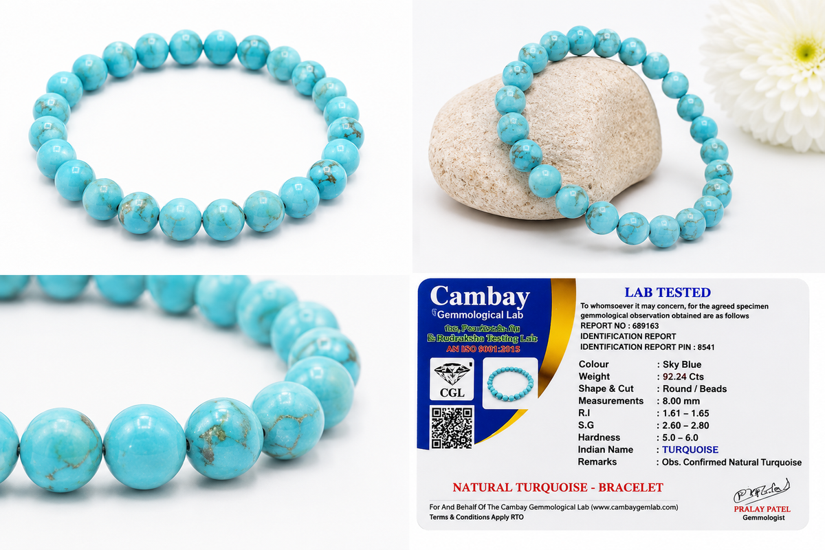 Natural Turquoise Bracelet 8mm | Certified Genuine Turquoise Gemstone Stretch Bracelet | Unisex Sky Blue Beaded Crystal Bracelet for Men & Women