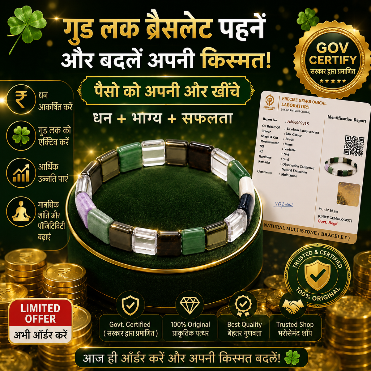 Premium Natural Multi-Stone Good Luck Bracelet | धन, सकारात्मक ऊर्जा और सफलता के लिए